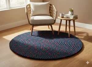 Navy Blue 100 Cm x 100 Cm Round Felt Ball Carpet For Home/Office