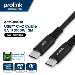 Prolink Fast Charging USB C-C 100W PD Data Transfer Cable Nylon Braided (5APD100W 2M) E-mark chip - GCC-100-01
