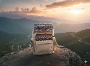 Handmade Hemp & Cotton Sustainable Backpack - Unisex Beige & Multi-Color Daypack - 7 Compartments - Made in Nepal