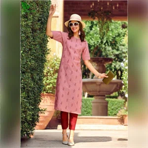 FuLoo's Olive Pure Cotton Pattern Designer Embroidered Kurti for Women(ONLY KURTI) #05