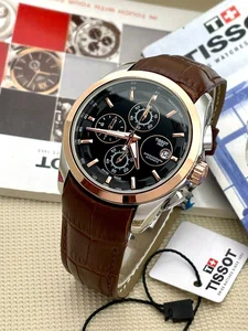 Watch For Men Brown Leather Strap Stainless Steel Case Date Function Black Dial Chronograph Design
