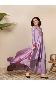 Elegance of Lavender Silk Blend A-Line Solid Suit Set.