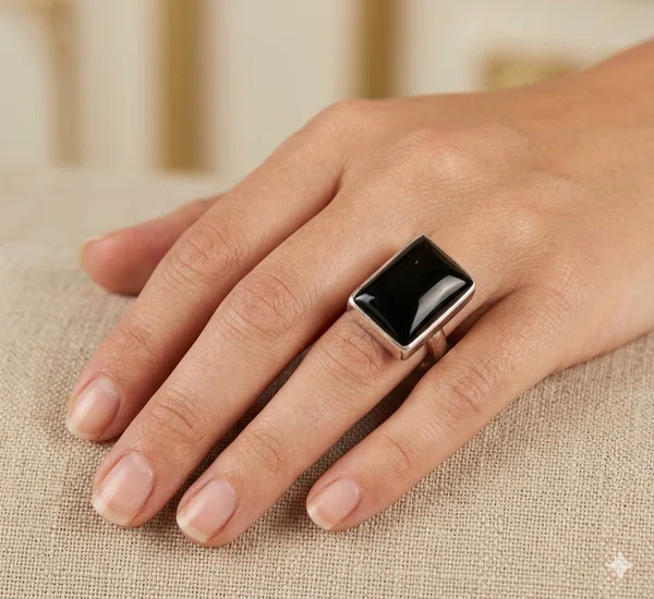 PURE SILVER BLACK STONE RING FOR WOMEN 33-38