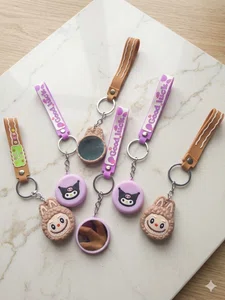 Kawaii Kuromi Purple Keychain Set - Cute Silicone Cartoon Keyring with Mini Pocket Mirror & Wrist Strap Bag Charm Gift for Girls