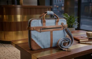 Handmade Sea Blue Hemp & Leather Laptop Bag - Sustainable Nepali Craftsmanship