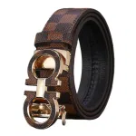 Men Brown Plaid Genuine Leather Belt with Gold Buckle image 1